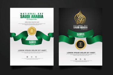 Suudi Arabistan 'da, elementler için Arapça kaligrafi, poster, broşür, broşür, derleme, kitap ve diğer kullanıcıları içeren mutlu bir Ulusal Gün şablonu.