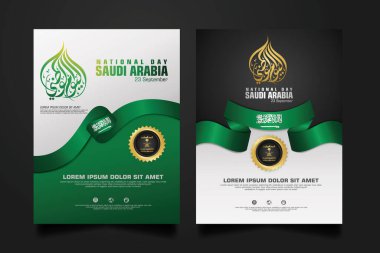 Suudi Arabistan 'da, elementler için Arapça kaligrafi, poster, broşür, broşür, derleme, kitap ve diğer kullanıcıları içeren mutlu bir Ulusal Gün şablonu.