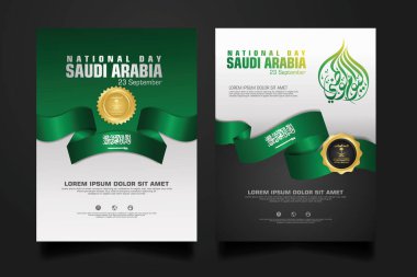 Suudi Arabistan 'da, elementler için Arapça kaligrafi, poster, broşür, broşür, derleme, kitap ve diğer kullanıcıları içeren mutlu bir Ulusal Gün şablonu.