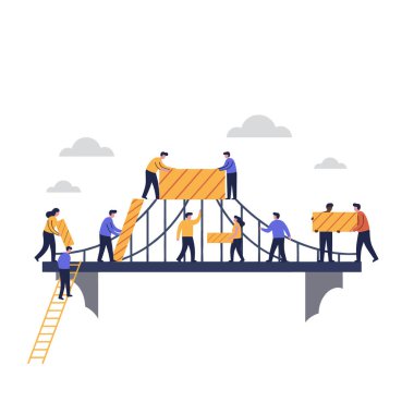Takım çalışanları birlikte köprü inşa ediyorlar. İllüstrasyon, işbirliği ve işbirliği konsepti.