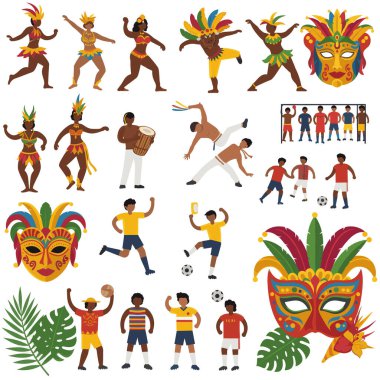 Brezilya Karnaval dansçıları ve futbol kutlamaları samba, maskeler ve capoeira resimleriyle