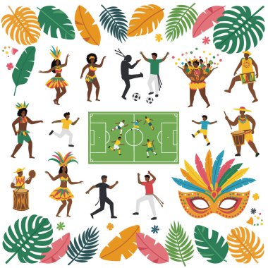 Brezilya Karnaval dansçıları ve futbol kutlamaları samba, maskeler ve capoeira resimleriyle