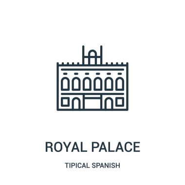 Kraliyet Sarayı simge vektör tipik İspanyol koleksiyonundan. İnce çizgi Kraliyet Sarayı anahat simgesini vektör çizim. Web ve mobil uygulamalar, logo, baskı ortamı kullanmak için doğrusal sembolü.
