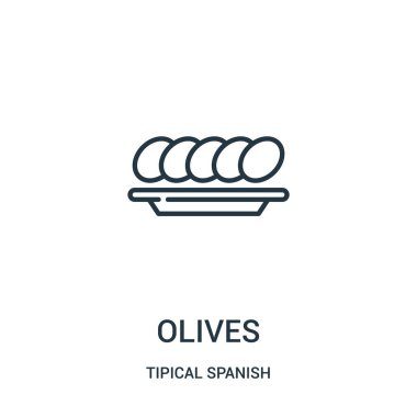 Zeytin simge vektör tipik İspanyol koleksiyonundan. İnce çizgi zeytin simge vektör çizim anahat. Web ve mobil uygulamalar, logo, baskı ortamı kullanmak için doğrusal sembolü.