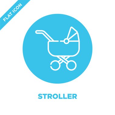 bebek arabası simge vektör üzerinden bebek oyuncak koleksiyonu. İnce çizgi bebek arabası anahat simgesini vektör çizim. Web ve mobil uygulamalar, logo, baskı ortamı kullanmak için doğrusal sembolü.