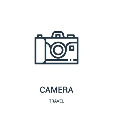 kamera simge vektör seyahat koleksiyonundan. İnce çizgi kamera anahat simgesini vektör çizim. Web ve mobil uygulamalar, logo, baskı ortamı kullanmak için doğrusal sembolü.