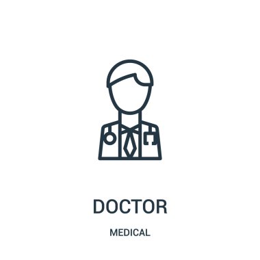 Doktor simge vektör tıbbi koleksiyonundan. İnce çizgi doktor anahat simgesini vektör çizim. Web ve mobil uygulamalar, logo, baskı ortamı kullanmak için doğrusal sembolü.