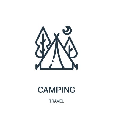 kamp simge vektör seyahat koleksiyonundan. İnce çizgi kamp anahat simgesini vektör çizim. Web ve mobil uygulamalar, logo, baskı ortamı kullanmak için doğrusal sembolü.