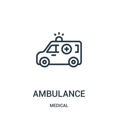 Ambulans simge vektör tıbbi koleksiyonundan. İnce çizgi ambulans anahat simgesini vektör çizim. Web ve mobil uygulamalar, logo, baskı ortamı kullanmak için doğrusal sembolü.