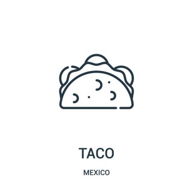Taco simge vektör Meksika koleksiyonundan. İnce çizgi taco anahat simgesini vektör çizim.