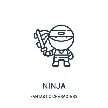 Ninja simge vektör fantastik karakterler Collection. İnce çizgi ninja simge vektör çizim anahat.