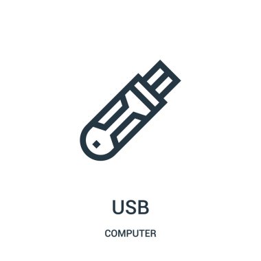 USB simge vektör bilgisayar koleksiyonundan. İnce çizgi usb anahat simgesini vektör çizim.