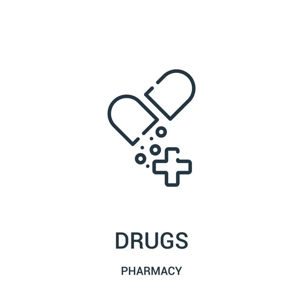 Médicaments icône vecteur de la collection de pharmacie. Illustration vectorielle d'icône de contour de drogues de ligne mince . — Image vectorielle