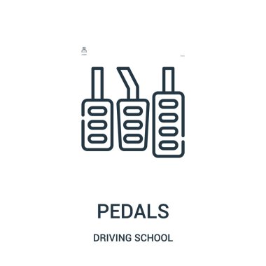 okul koleksiyonu sürüş gelen simge vektör pedal. İnce çizgi pedallar simge vektör çizim anahat.