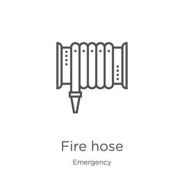 Yangın Hortum simge vektör acil toplama. İnce çizgi Yangın Hortum anahat simge vektör illüstrasyon. Anahat, Web sitesi tasarımı ve mobil, uygulama geliştirme için ince çizgi yangın hortumu simgesi