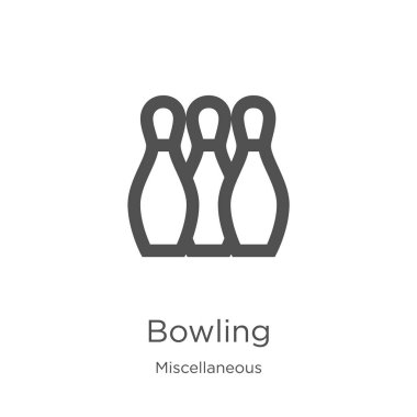 çeşitli koleksiyonundan bowling simgesi vektör. İnce çizgi bowling anahat simge vektör illüstrasyon. Anahat, Web sitesi tasarımı ve mobil, uygulama geliştirme için ince çizgi bowling simgesi