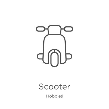 Motosiklet simge vektör hobileri koleksiyonundan. İnce hat scooter anahat simge vektör illüstrasyon. Anahat, Web sitesi tasarımı ve mobil, uygulama geliştirme için ince hat scooter simgesi