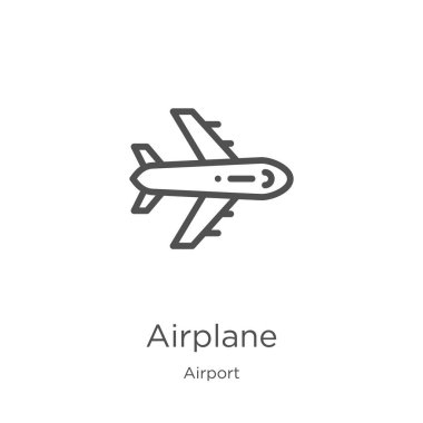 Havaalanı koleksiyonundan uçak simgesi vektör. İnce çizgi uçak anahat simge vektör illüstrasyon. Anahat, Web sitesi tasarımı ve mobil, uygulama geliştirme için ince hat uçak simgesi