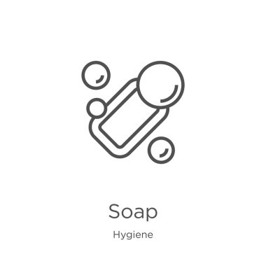 Hijyen koleksiyonundan sabun simgesi vektörü. İnce çizgi sabun anahat simge vektör illüstrasyon. Anahat, Web sitesi tasarımı ve mobil, uygulama geliştirme için ince çizgi sabun simgesi