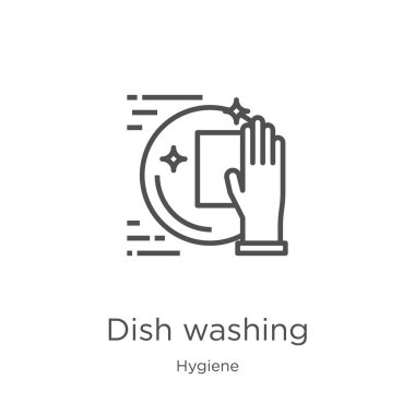 Hijyen koleksiyonundan çanak yıkama simgesi vektör. İnce hat çanak yıkama anahat simge vektör illüstrasyon. Anahat, Web sitesi tasarımı ve mobil, uygulama geliştirme için ince hat bulaşık yıkama simgesi