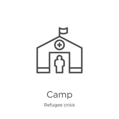 mülteci kriz koleksiyonundan kamp simgesi vektör. İnce çizgi kampı anahat simge vektör illüstrasyon. Anahat, Web sitesi tasarımı ve mobil, uygulama geliştirme için ince hat kampı simgesi