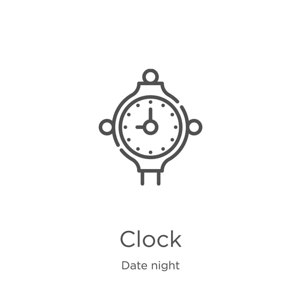 Vettore icona orologio dalla collezione data notte. Illustrazione vettoriale dell'icona del contorno dell'orologio sottile. Outline, icona dell'orologio linea sottile per la progettazione di siti web e mobile, sviluppo di app — Vettoriale Stock