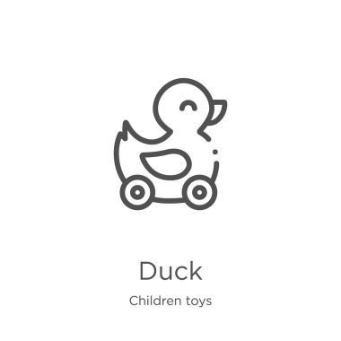 Çocuklar oyuncaklar koleksiyonundan ördek simge vektör. İnce çizgi ördek anahat simge vektör illüstrasyon. Anahat, Web sitesi tasarımı ve mobil, uygulama geliştirme için ince çizgi ördek simgesi