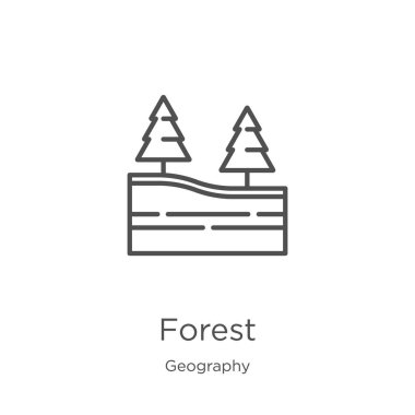 Orman simge vektör Coğrafya koleksiyonundan. İnce çizgi orman anahat simge vektör illüstrasyon. Anahat, Web sitesi tasarımı ve mobil, uygulama geliştirme için ince çizgi orman simgesi
