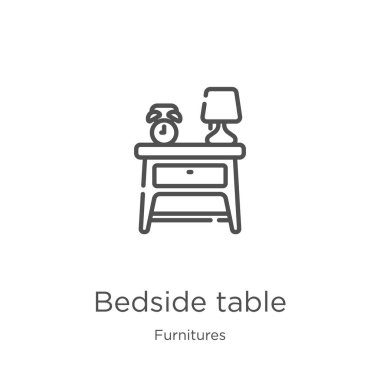 mobilya koleksiyonundan başucu masa simgesi vektör. İnce çizgi başucu masası anahat simgesi vektör çizimi. Anahat, web sitesi tasarımı ve mobil, uygulama geliştirme için ince çizgi başucu masa simgesi.