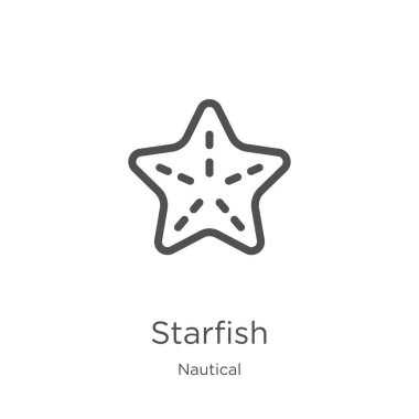 deniz koleksiyonundan denizyıldızı simge vektör. İnce çizgi denizyıldızı anahat simge vektör illüstrasyon. Anahat, web sitesi tasarımı ve mobil, uygulama geliştirme için ince çizgi denizyıldızı simgesi.
