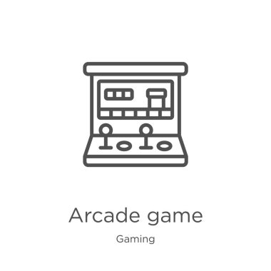 oyun koleksiyonundan arcade oyun simgesi vektör. İnce çizgi arcade oyun anahat simgesi vektör illüstrasyon. Anahat, web sitesi tasarımı ve mobil, uygulama geliştirme için ince çizgi arcade oyun simgesi.