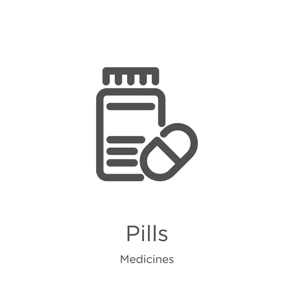 Pilules icône vecteur de la collection de médicaments. Les pilules minces décrivent l'illustration vectorielle d'icône. Aperçu, icône de pilules de ligne mince pour la conception de site Web et mobile, développement d'applications . — Image vectorielle