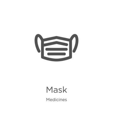 ilaçlar koleksiyonundan maske simgesi vektör. İnce çizgi maskesi anahat simgesi vektör çizimi. Anahat, web sitesi tasarımı ve mobil için ince çizgi maske simgesi, uygulama geliştirme.