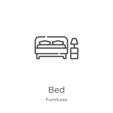 mobilya koleksiyonundan yatak simgesi vektör. İnce çizgi yatak anahat simgesi vektör çizimi. Anahat, web sitesi tasarımı ve mobil, uygulama geliştirme için ince çizgi yatak simgesi.