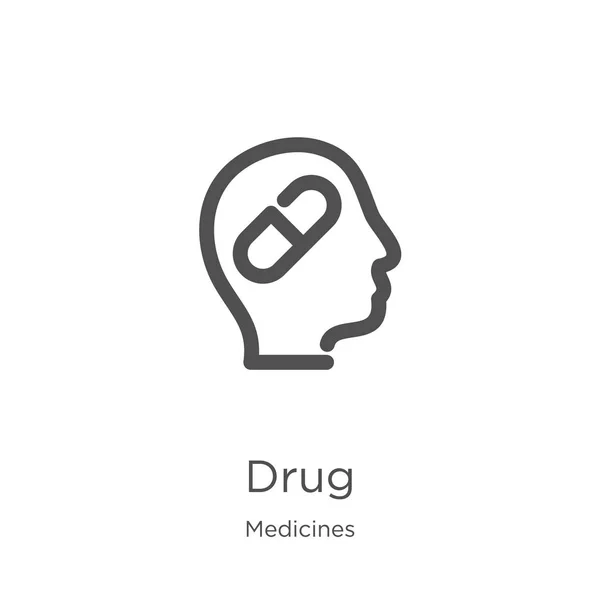 Icône de médicament vecteur de la collection de médicaments. Illustration vectorielle d'icône de contour de drogue de ligne mince. Aperçu, icône de médicament de ligne mince pour la conception de site Web et mobile, développement d'applications . — Image vectorielle