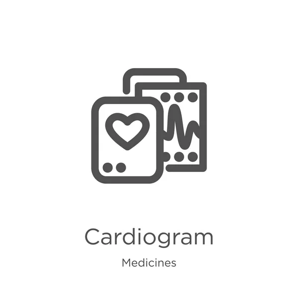 Cardiograma vector icono de la colección de medicamentos. Ilustración de vectores de iconos de esquema de cardiograma en línea delgada. Esquema, icono de cardiograma de línea delgada para el diseño del sitio web y móvil, desarrollo de aplicaciones . — Vector de stock