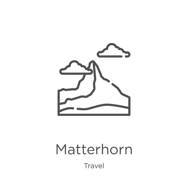 Matterhorn icône vecteur de la collection Voyage. Illustration vectorielle d'icône de contour de Cervin de ligne mince. Schéma, ligne mince icône de Cervin pour la conception de site Web et mobile, développement d'applications . — Image vectorielle