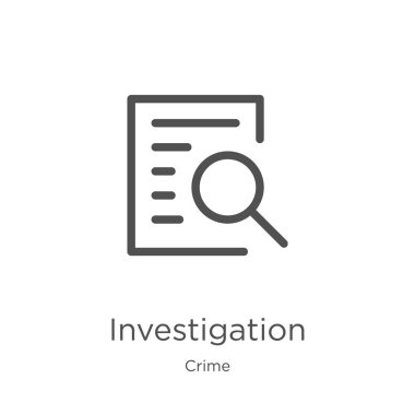 suç koleksiyonundan soruşturma simgesi vektörü. İnce çizgi incelemesi anahat simgesi vektör çizimi. Anahat, web sitesi tasarımı ve mobil, uygulama geliştirme için ince hat araştırma simgesi.