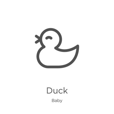 bebek koleksiyonundan ördek simgesi vektör. İnce çizgi ördek anahat simgesi vektör illüstrasyon. Anahat, web sitesi tasarımı ve mobil için ince çizgi ördek simgesi, uygulama geliştirme.