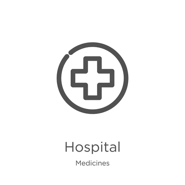 Το εικονίδιο του νοσοκομείου από τη συλλογή φαρμάκων. Εικόνα διανυσματικού περιγράμματος του νοσοκομείου λεπτών γραμμών. Περίγραμμα, εικονίδιο νοσοκομείου λεπτής γραμμής για σχεδιασμό ιστοσελίδων και κινητά, ανάπτυξη εφαρμογών. — Διανυσματικό Αρχείο