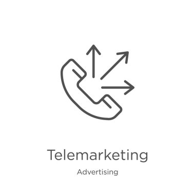 reklam koleksiyonundan telemarketing simgesi vektörü. İnce çizgi telemarketing anahat simgesi vektör illüstrasyon. Anahat, web sitesi tasarımı ve mobil, uygulama geliştirme için ince hat telemarketing simgesi.