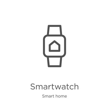akıllı ev koleksiyonundan akıllı saat simgesi vektörü. İnce çizgi smartwatch anahat simgesi vektör illüstrasyon. Anahat, web sitesi tasarımı ve mobil, uygulama geliştirme için ince hat akıllı saat simgesi.