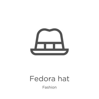 moda koleksiyonundan fedora şapka simgesi vektör. İnce çizgi fedora şapka anahat simgesi vektör illüstrasyon. Anahat, web sitesi tasarımı ve mobil için ince çizgi fedora şapka simgesi, uygulama geliştirme.