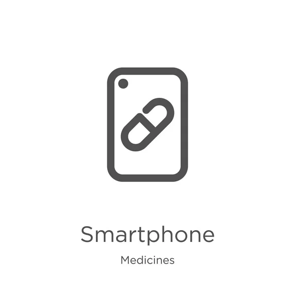 Του εικονιδίου του smartphone από τη συλλογή φαρμάκων. Εικονογράφηση διανυσματικού περιγράμματος για το smartphone με λεπτή γραμμή. Περίγραμμα, εικονίδιο έξυπνου κινητού τηλεφώνου για σχεδιασμό ιστοσελίδων και κινητό, ανάπτυξη εφαρμογών. — Διανυσματικό Αρχείο
