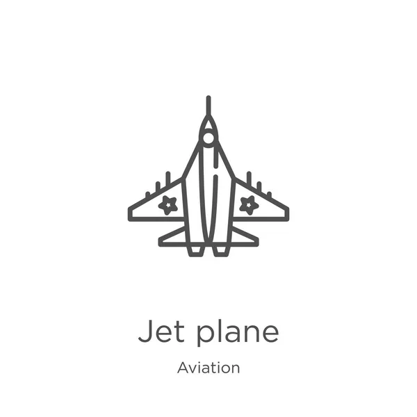 Avión jet icono vector de la colección de aviación. Línea delgada jet plano contorno icono vector ilustración. Esquema, icono de avión jet de línea delgada para el diseño del sitio web y móvil, desarrollo de aplicaciones . — Vector de stock