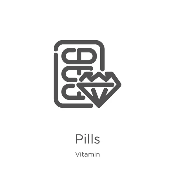 Pillen pictogram vector van vitamine collectie. Dunne lijn pillen overzicht pictogram vector illustratie. Overzicht, dunne lijn pillen pictogram voor website-ontwerp en mobiele, app-ontwikkeling. — Stockvector