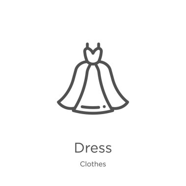 elbise koleksiyonundan elbise simgesi vektör. İnce çizgi elbise anahat simgesi vektör illüstrasyon. Anahat, web sitesi tasarımı ve mobil için ince çizgi elbise simgesi, uygulama geliştirme.