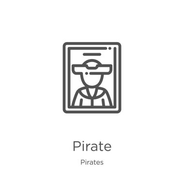 korsanlar koleksiyonundan korsan simgesi vektör. İnce çizgi korsan anahat simgesi vektör illüstrasyon. Anahat, web sitesi tasarımı ve mobil için ince çizgi korsan simgesi, uygulama geliştirme.