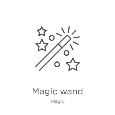 sihirli koleksiyonundan sihirli değnek simgesi vektör. İnce çizgi sihirli değnek anahat simgesi vektör illüstrasyon. Anahat, web sitesi tasarımı ve mobil, uygulama geliştirme için ince çizgi sihirli değnek simgesi.
