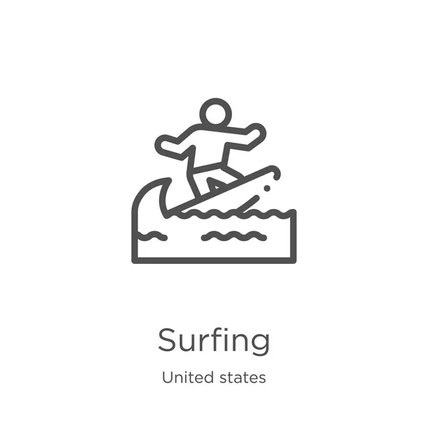 surfing icon vector from united states collection. Thin line surfing outline icon vector illustration. Outline, thin line surfing icon for website design and mobile, app development.
